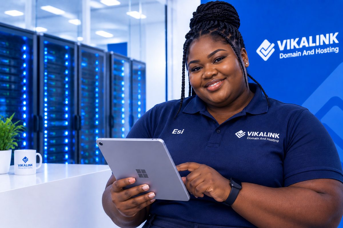 Smiling Vikalink support team member holding a tablet in front of server racks, with the Vikalink Domain and Hosting banner behind her