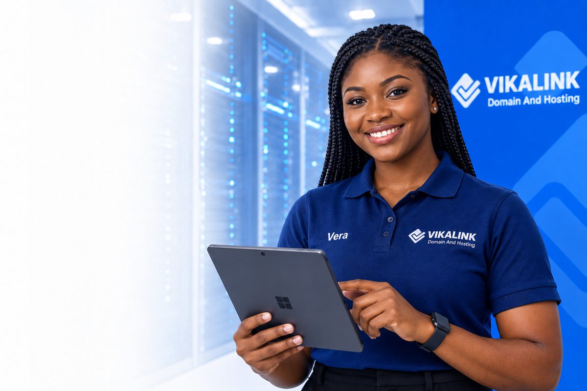 Smiling Vikalink support team member holding a tablet in front of a server room, with the Vikalink Domain and Hosting banner behind her
